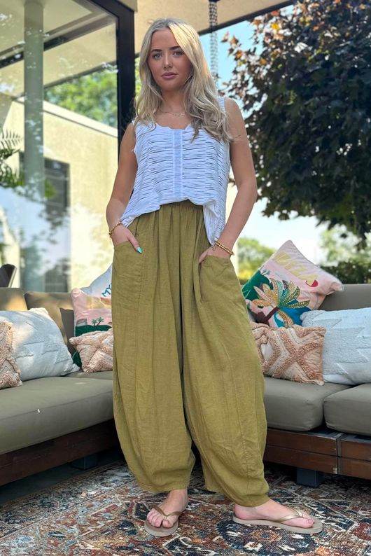 Sandbar Linen Blend Bloom Barrel Pant Olive